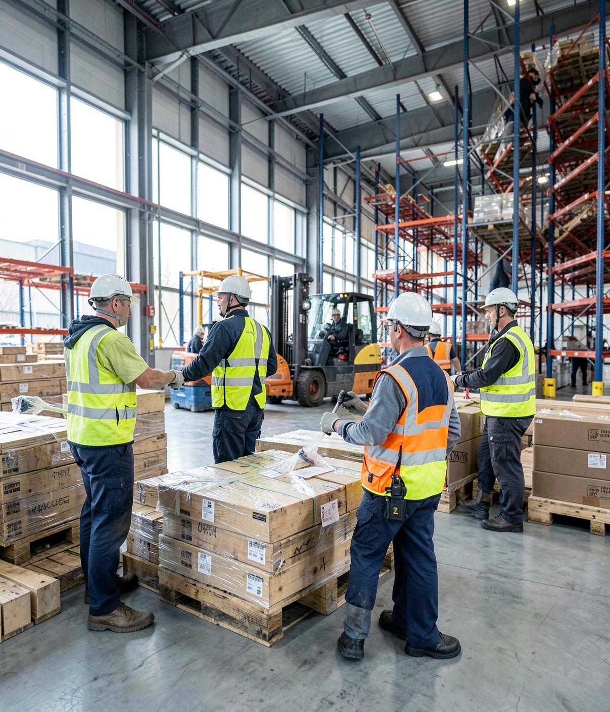 Operadores logísticos organizando pallets em um centro de distribuição